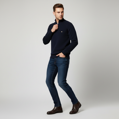 Sort Striktrøje med Halv Lynlås | Herretrøje Slim Fit