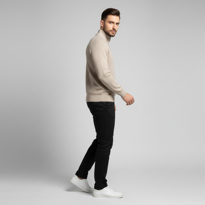Sort Striktrøje med Halv Lynlås | Herretrøje Slim Fit