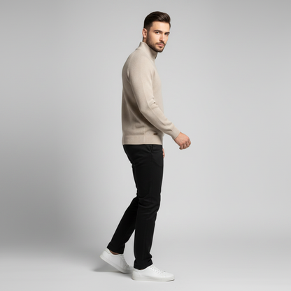 Sort Striktrøje med Halv Lynlås | Herretrøje Slim Fit