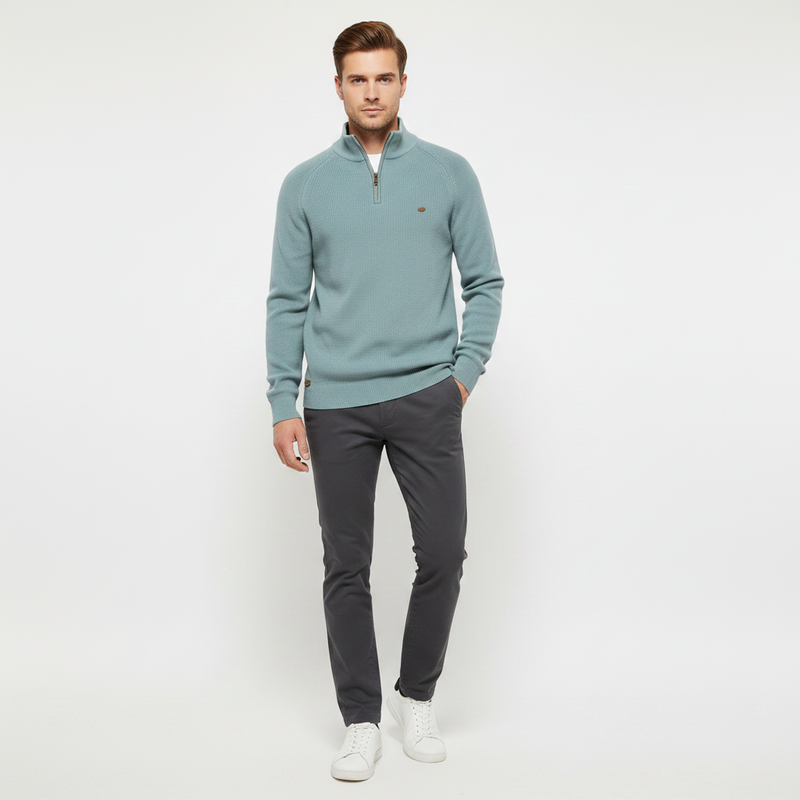 Sort Striktrøje med Halv Lynlås | Herretrøje Slim Fit
