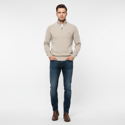 Sort Striktrøje med Halv Lynlås | Herretrøje Slim Fit