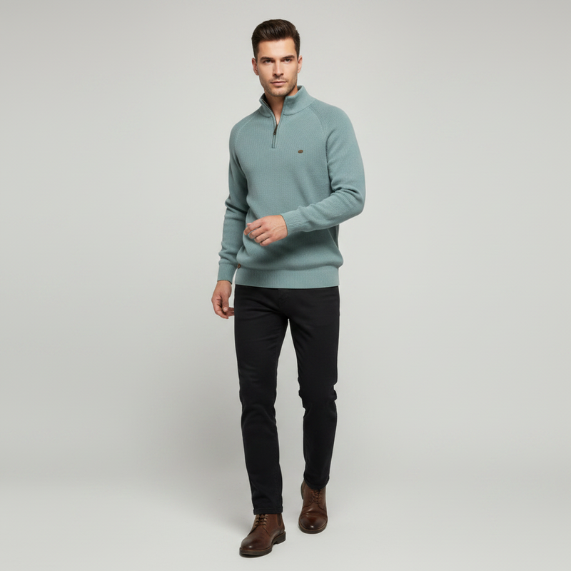 Sort Striktrøje med Halv Lynlås | Herretrøje Slim Fit