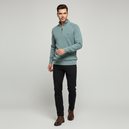 Sort Striktrøje med Halv Lynlås | Herretrøje Slim Fit