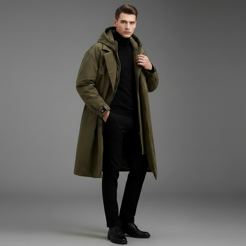 Vandtæt Puffer Trenchcoat | Lange Hættejakke til Mænd