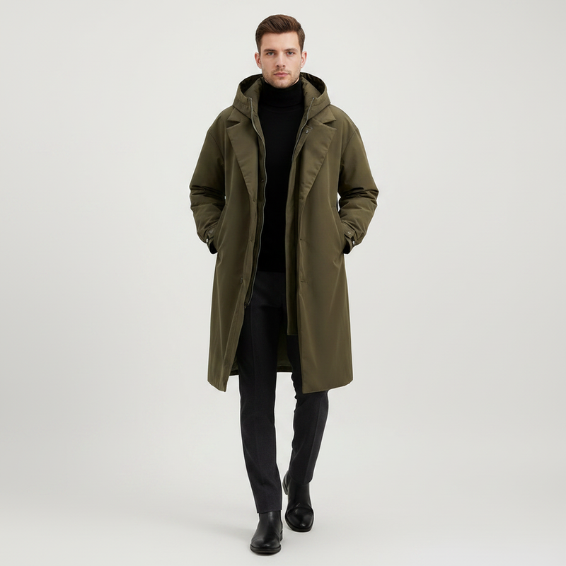 Vandtæt Puffer Trenchcoat | Lange Hættejakke til Mænd
