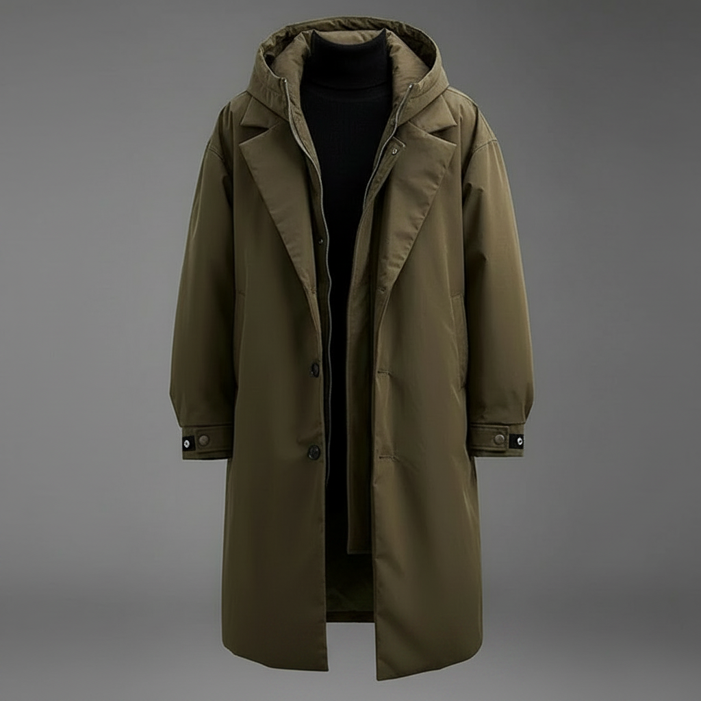 Vandtæt Puffer Trenchcoat | Lange Hættejakke til Mænd 0